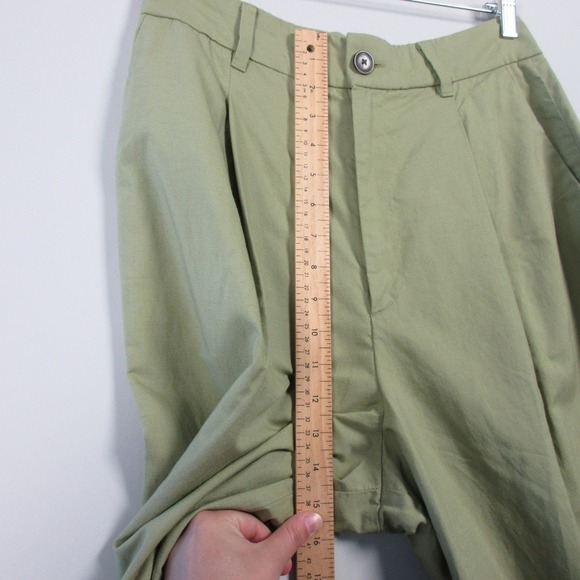 Uniqlo Pleated Cropped Pants High Waist Wide Leg Casual Green Linen Rayon 398 - Picture 3 of 13